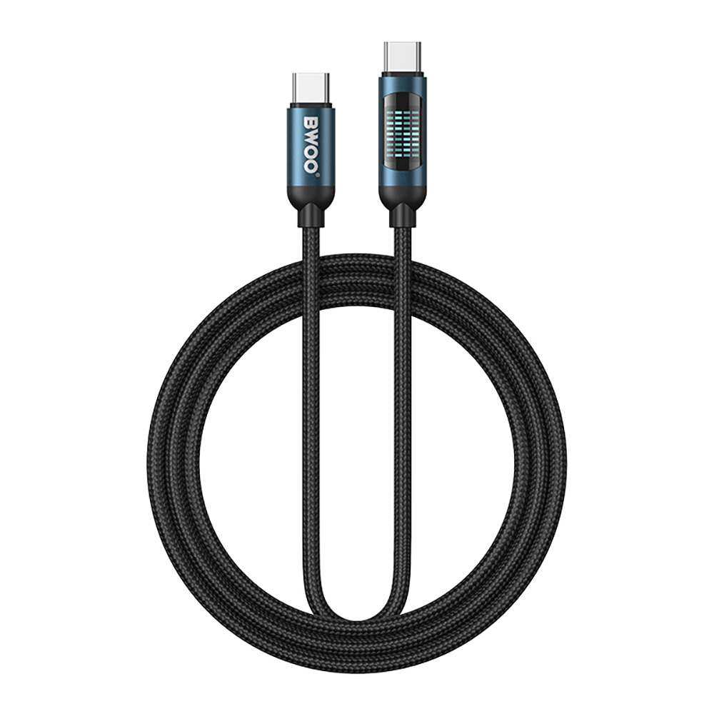 BWOO USB-C - USB-C кабель 1m 60W с LED дисплеем, плетеный, черный