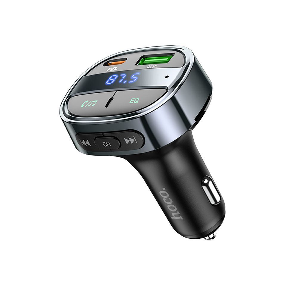 Automobilinis įkroviklis Hoco USB A + USB C PD QC3.0 5A 30W su skaitmenine indikacija + siųstuvas FM BT E70 obsidianinis juodas