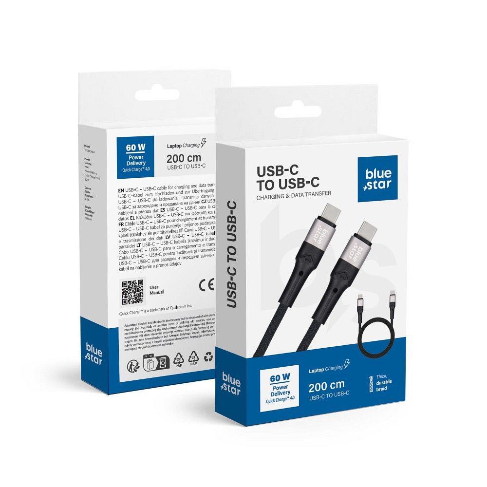Кабель USB C to USB C Blue Star 3A 60W PD QC4.0 в оплётке 2 m TFK-DC-004 чёрный