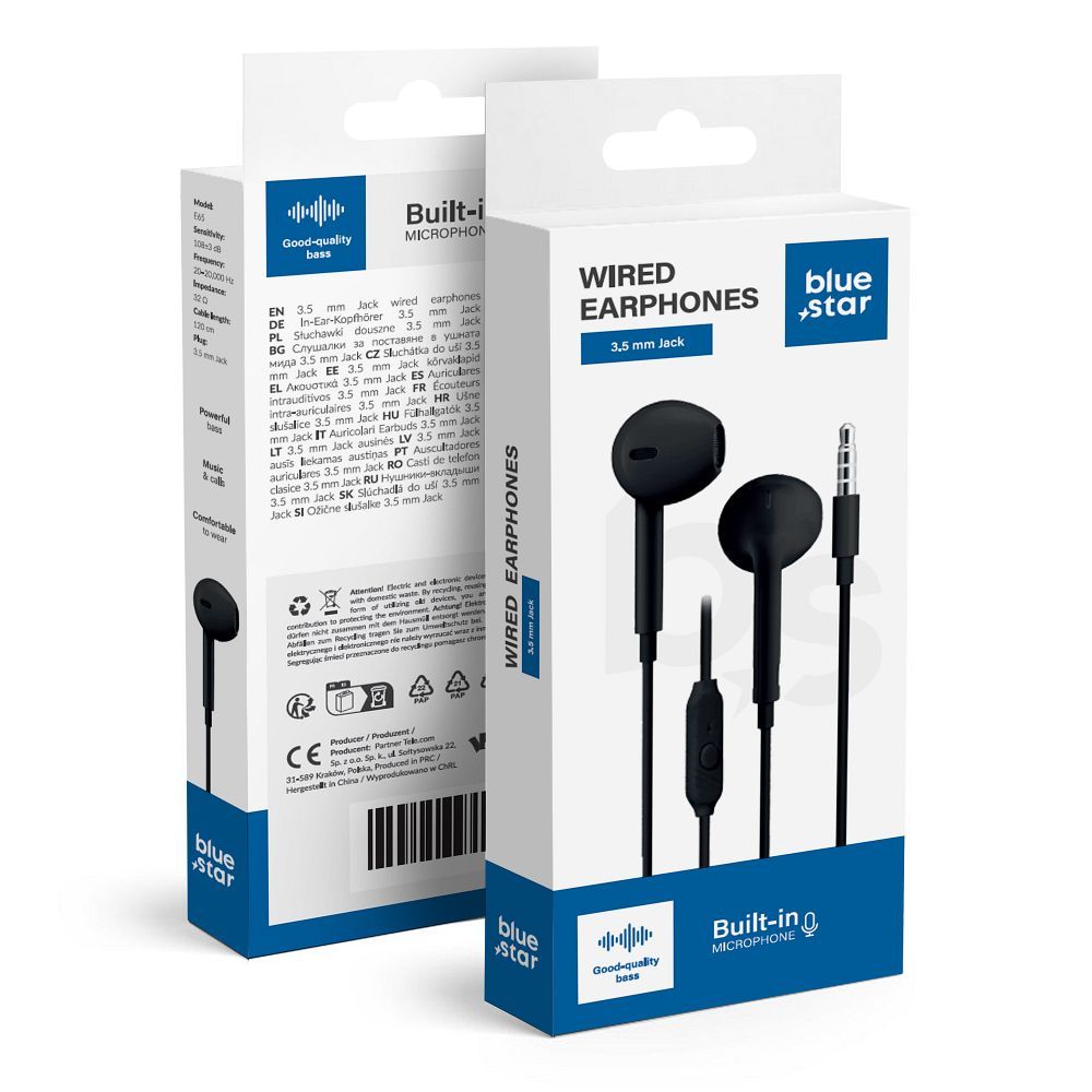 Laidinės ausinės Jack 3,5 mm Blue Star PA-E65 1,2 m juodos