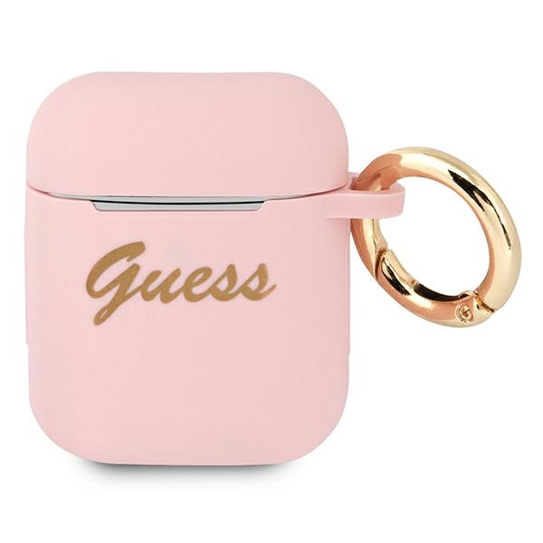 Guess GUA2SSSI AirPods dėklas rožinė/rožinė Silikonas Vintage Script
