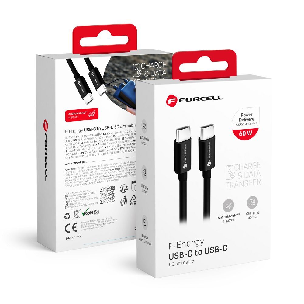 Кабель USB C to USB C Forcell F-Energy QC4.0 PD 3A 60W 0,5 m C338 чёрный