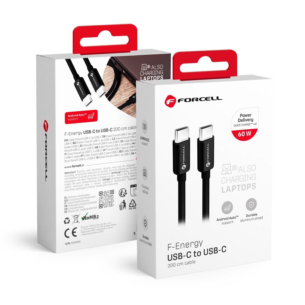 Кабель USB C to USB C Forcell F-Energy QC4.0 PD 3A 60W 2 m C338 чёрный