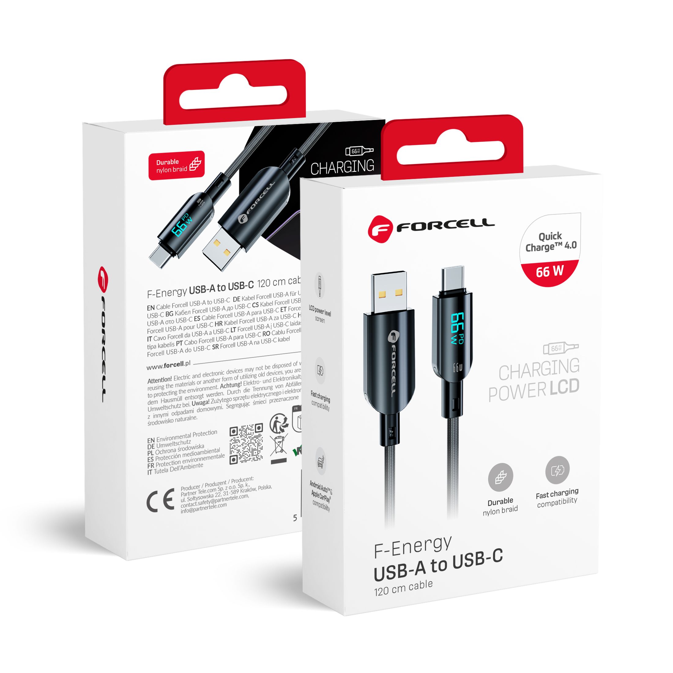 Кабель USB A to USB C Forcell F-Energy QC4.0 PD 3A 66W Digital 1,2 m C272 чёрный