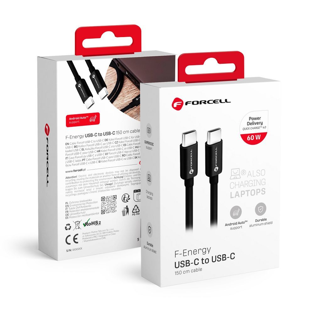 Кабель USB C to USB C Forcell F-Energy QC4.0 PD 3A 60W 1,5 m C338 чёрный