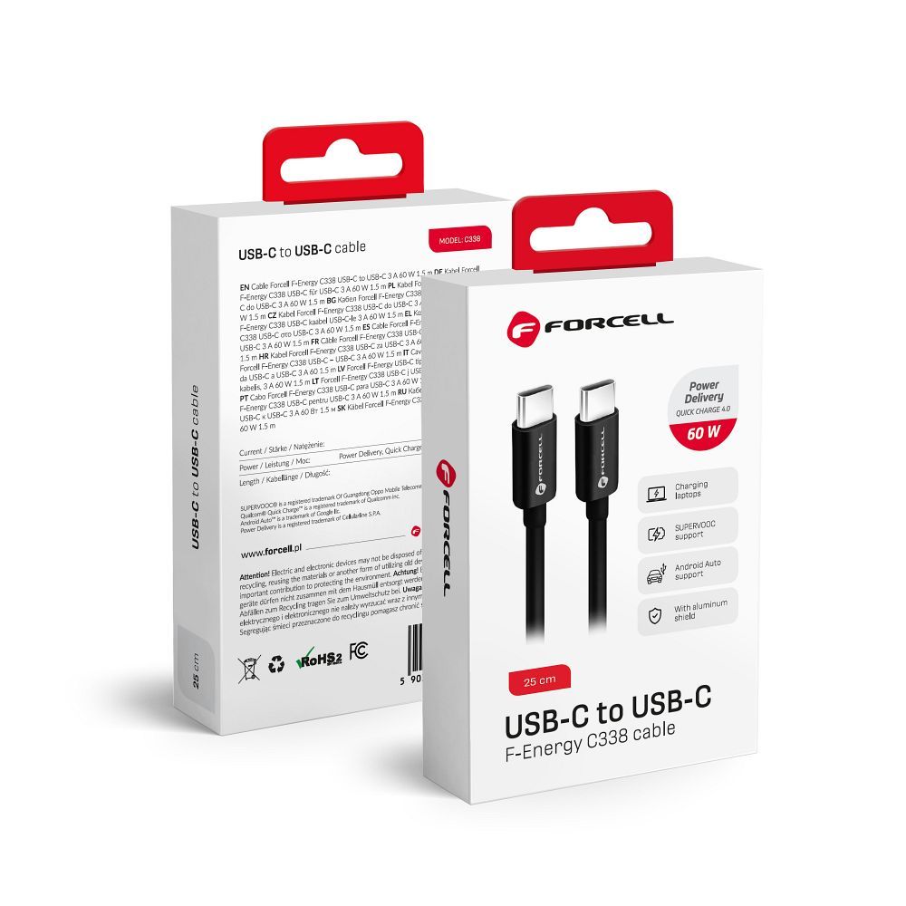 Кабель USB C to USB C Forcell F-Energy QC4.0 PD 3A 60W 0,25 m C338 чёрный