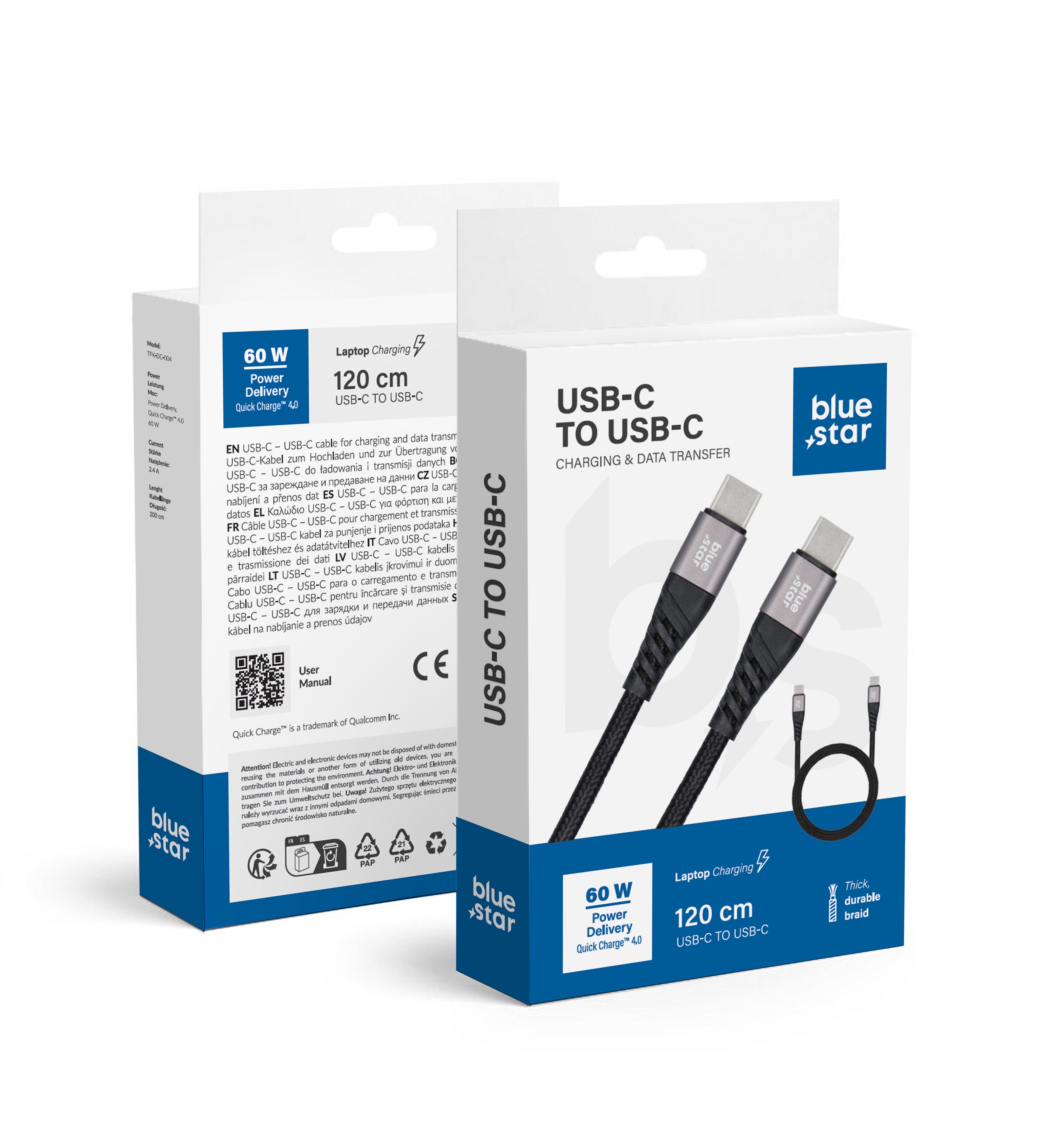 Кабель USB C to USB C Blue Star 3A 60W PD QC4.0 в оплётке 1,2 m TFK-DC-003 чёрный
