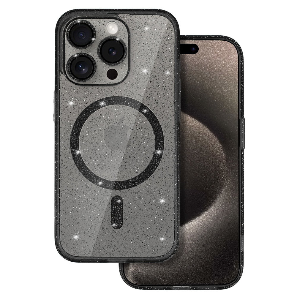 Glitter MagSafe juodas skaidrus dėklas telefonui iPhone 11