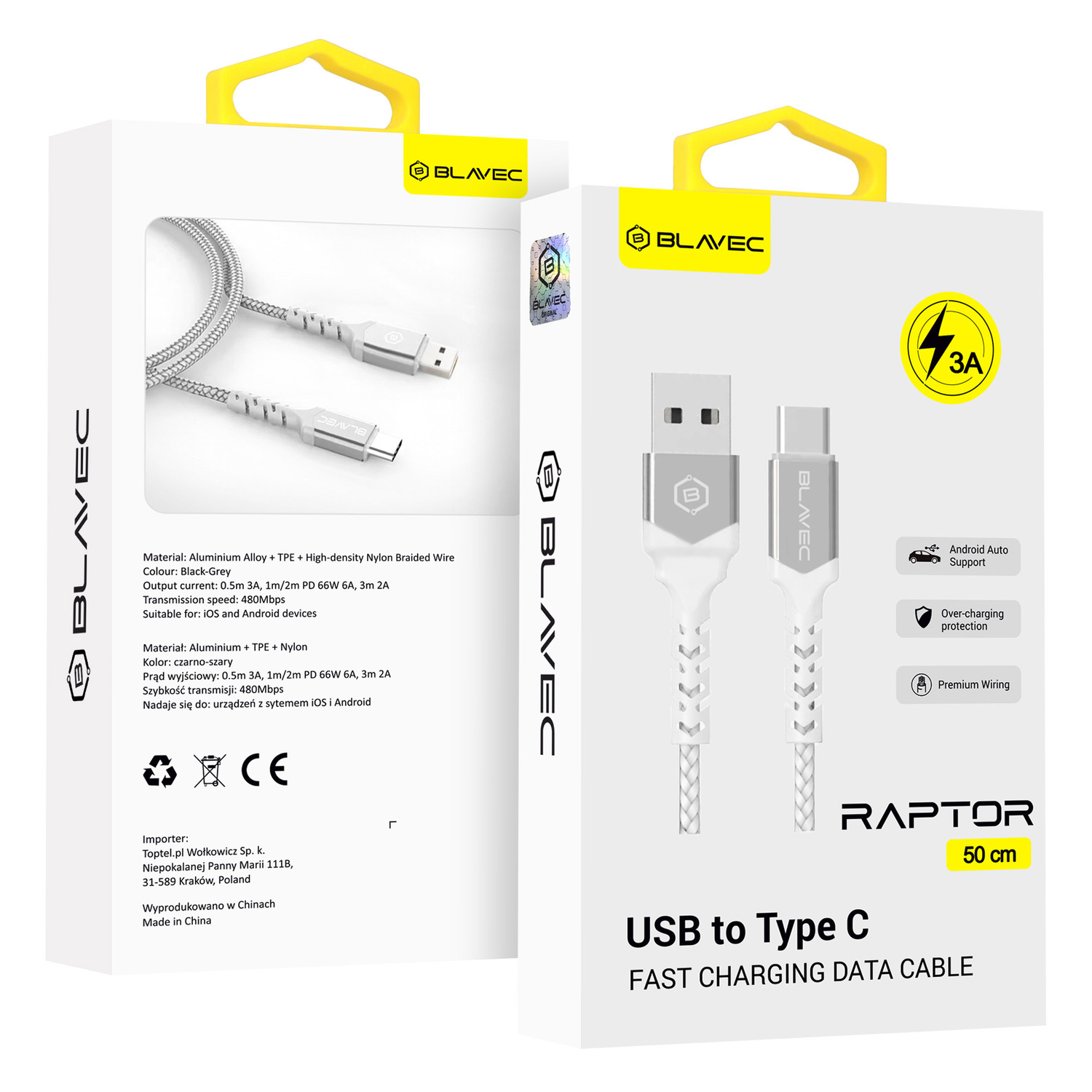 Blavec Cable Raptor braided - USB to Type C - 3A 0,5 meters Apple CarPlay/Android Auto (CRA-UC3WS05) white-silver
