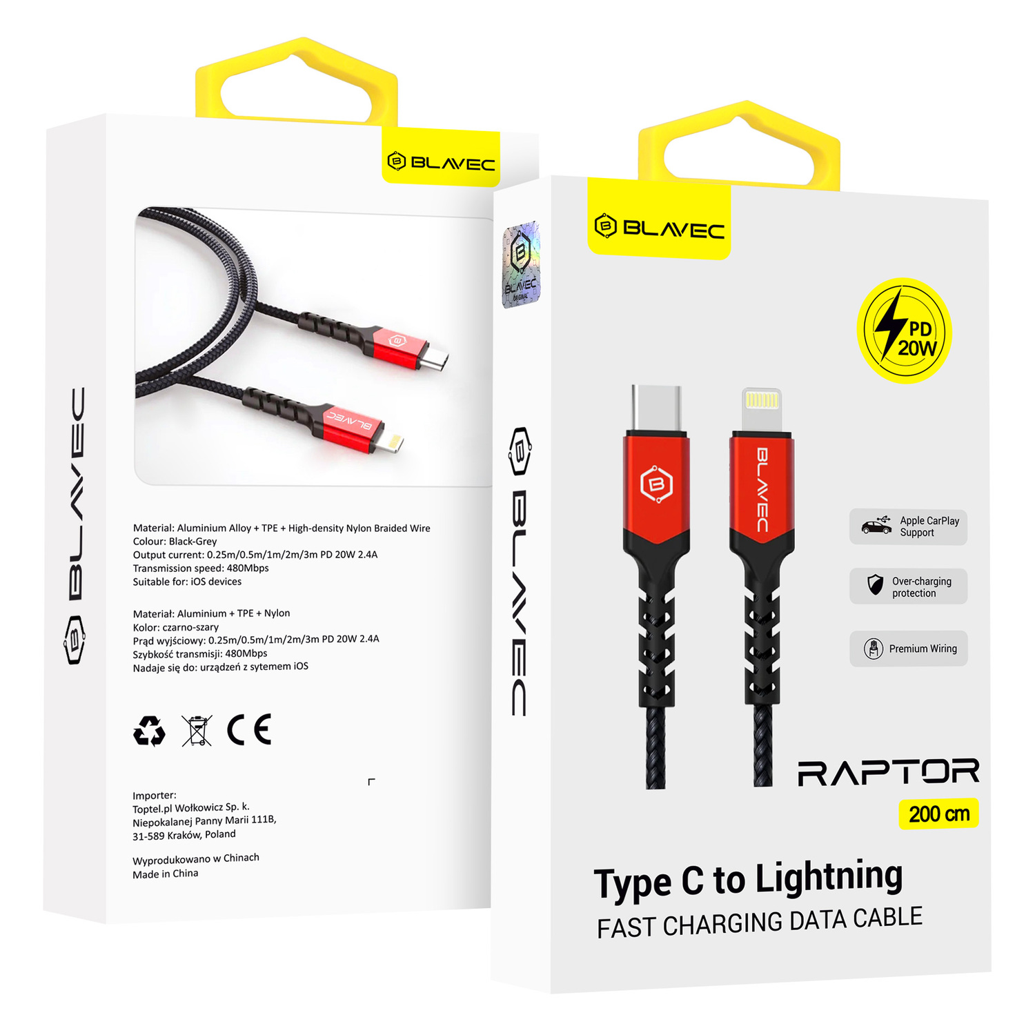 Blavec kabelis Raptor pintas - Type C į Lightning - PD 20W 2,4A 2 metrai Apple CarPlay (CRA-CL24BR20) juodas ir raudonas