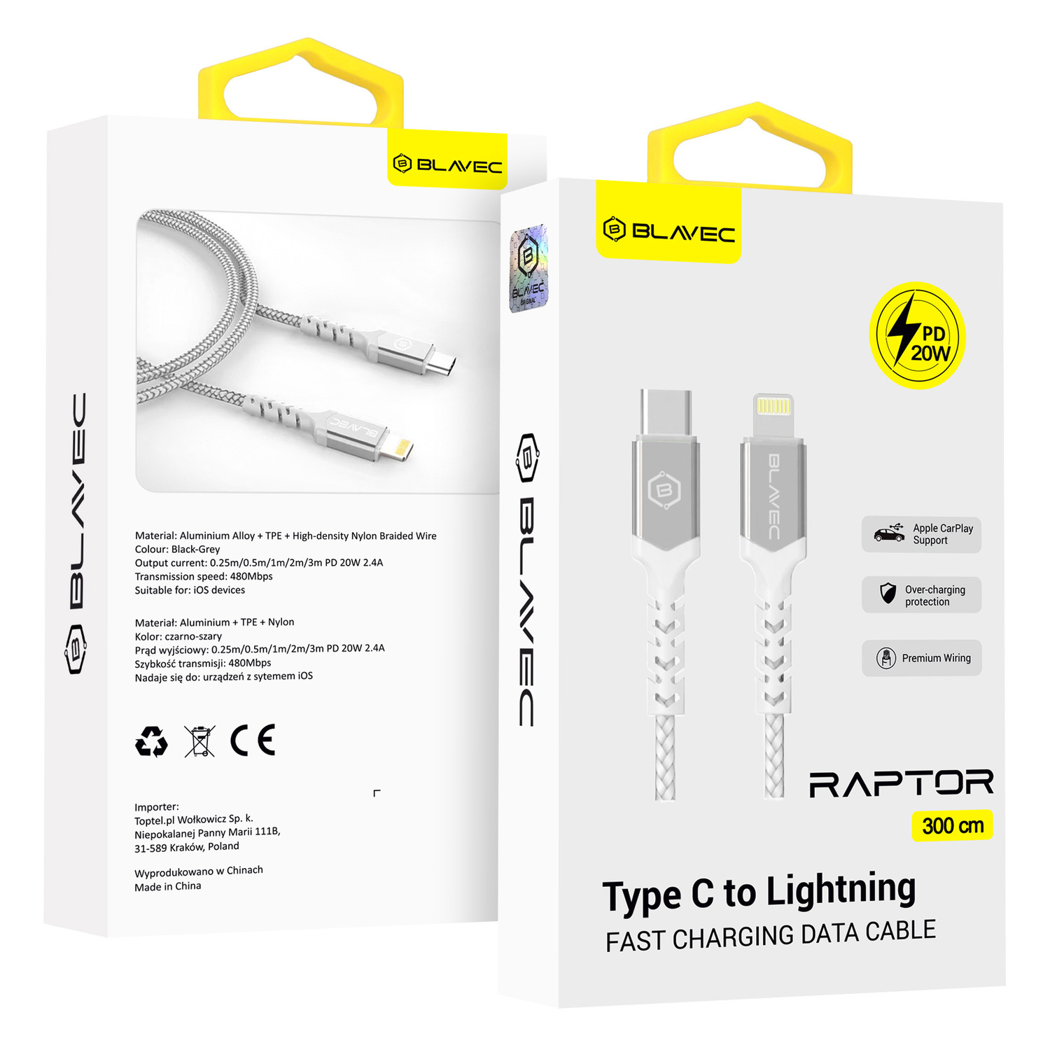 Blavec Kabelis Raptor plecioninis - USB-C į Lightning - PD 20W 2,4A 3 m Apple CarPlay (CRA-CL24WS30) baltas sidabrinis