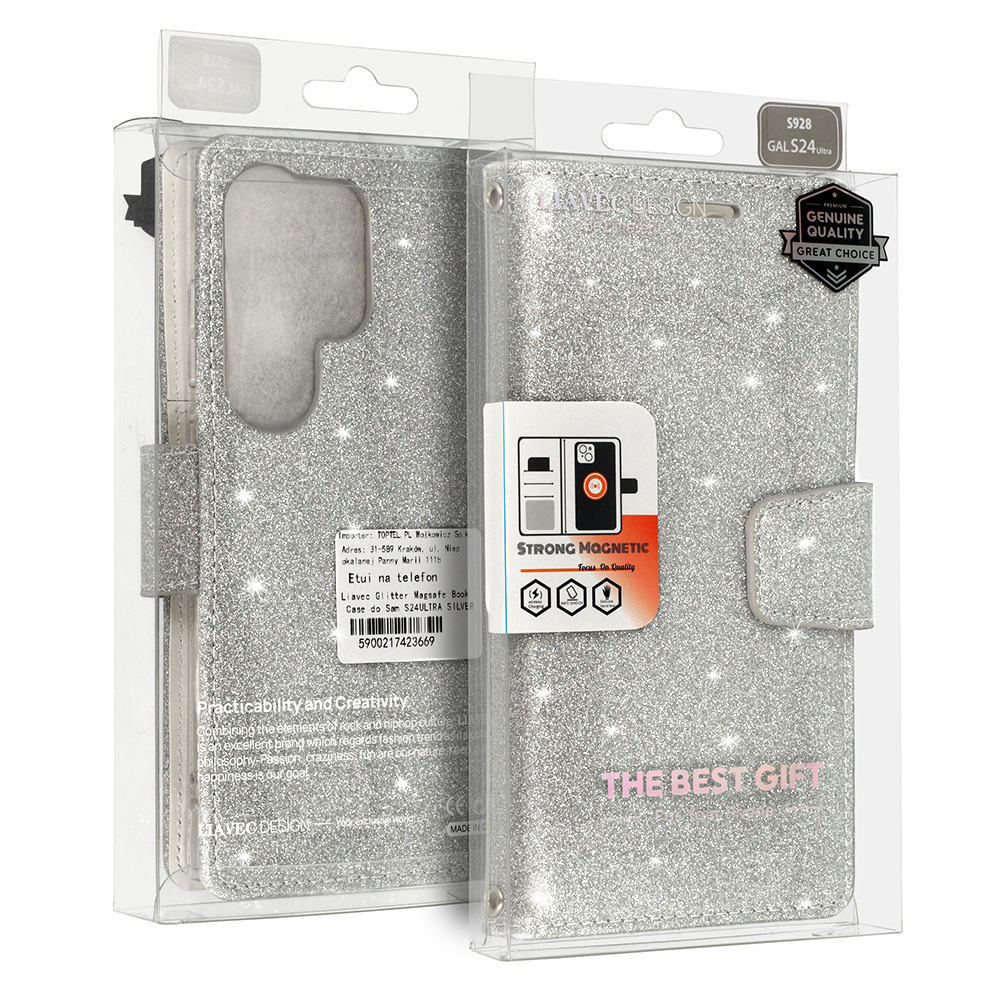 Glitter Magsafe knygos stiliaus dėklas Samsung Galaxy S22 Ultra sidabrinis