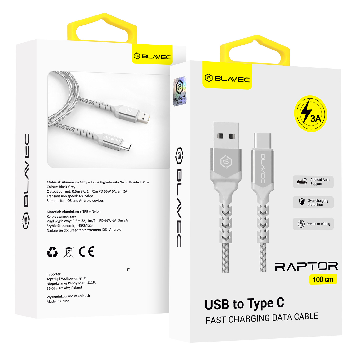 Blavec Cable Raptor плетёный - USB to Type C - 3A 1 метр Apple CarPlay/Android Auto (CRA-UC3WS10) белый-серебристый