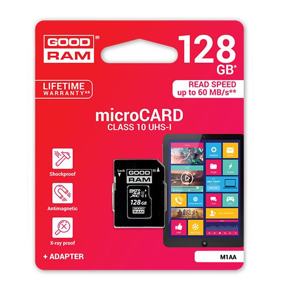 Goodram microSD memory card 128GB 100MB/s class 10 UHS I with SD adapter
