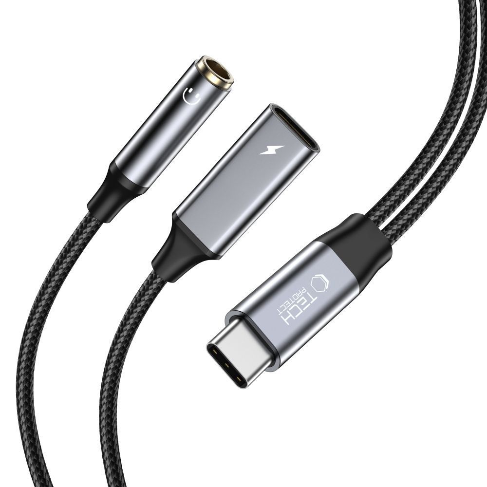 Tech-Protect UltraBoost адаптер USB-C (папа) PD 60W 6A mini jack 3.5mm (мама) - USB-C (мама) - чёрный