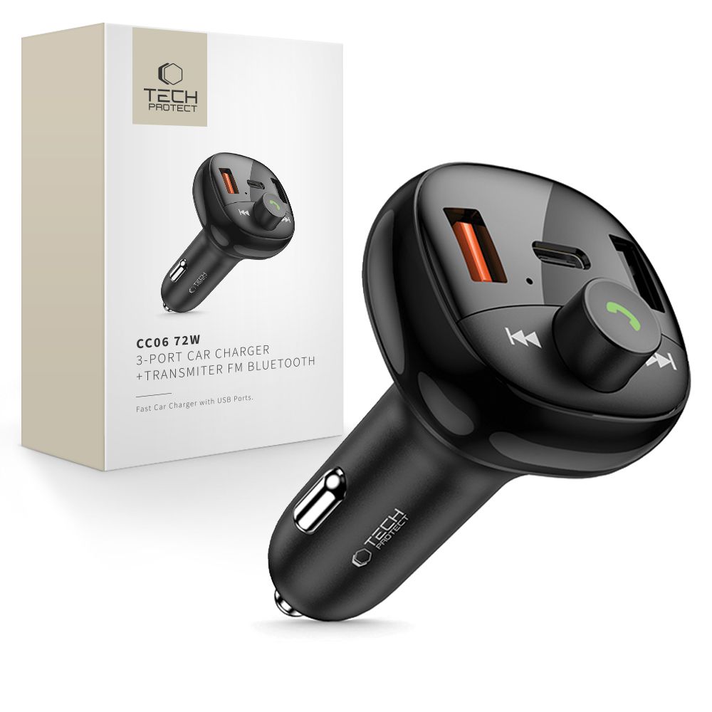 Tech-Protect CC06 PD72W 3 jungčių automobilinis įkroviklis su FM siųstuvu, juodas