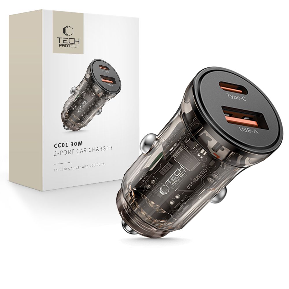 Tech-Protect CC01 30W automobilinis įkroviklis 2 lizdai USB-A / USB-C juodas
