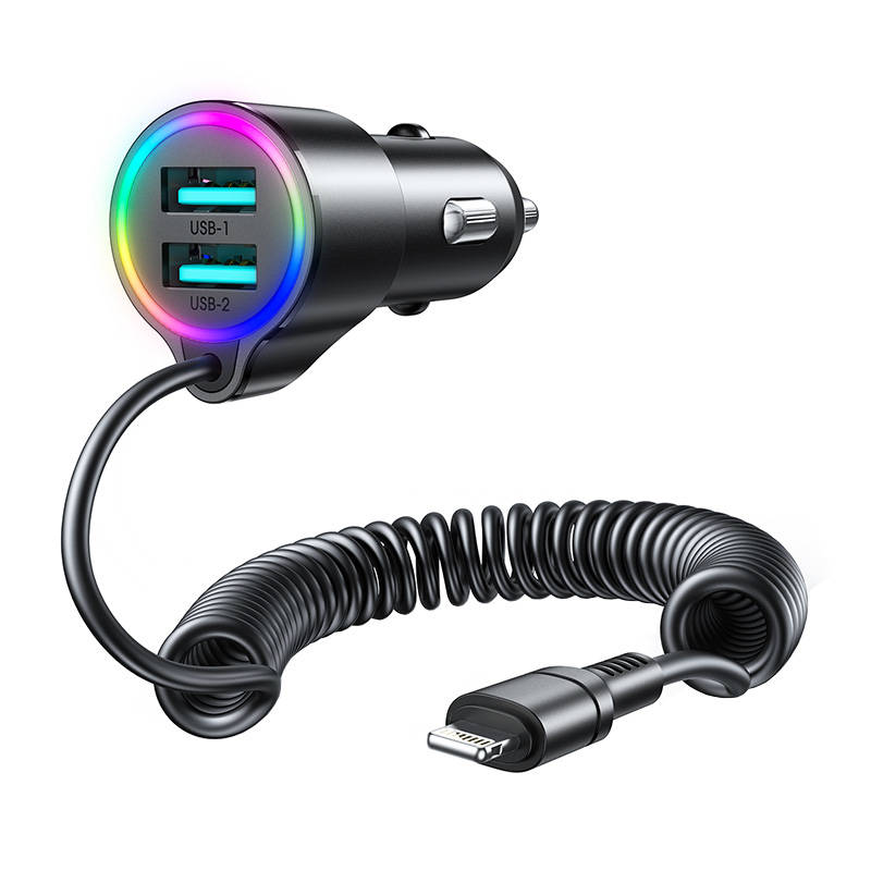 Automobilinis įkroviklis Joyroom JR-CL25, 2x USB + Lightning kabelis (juodas)