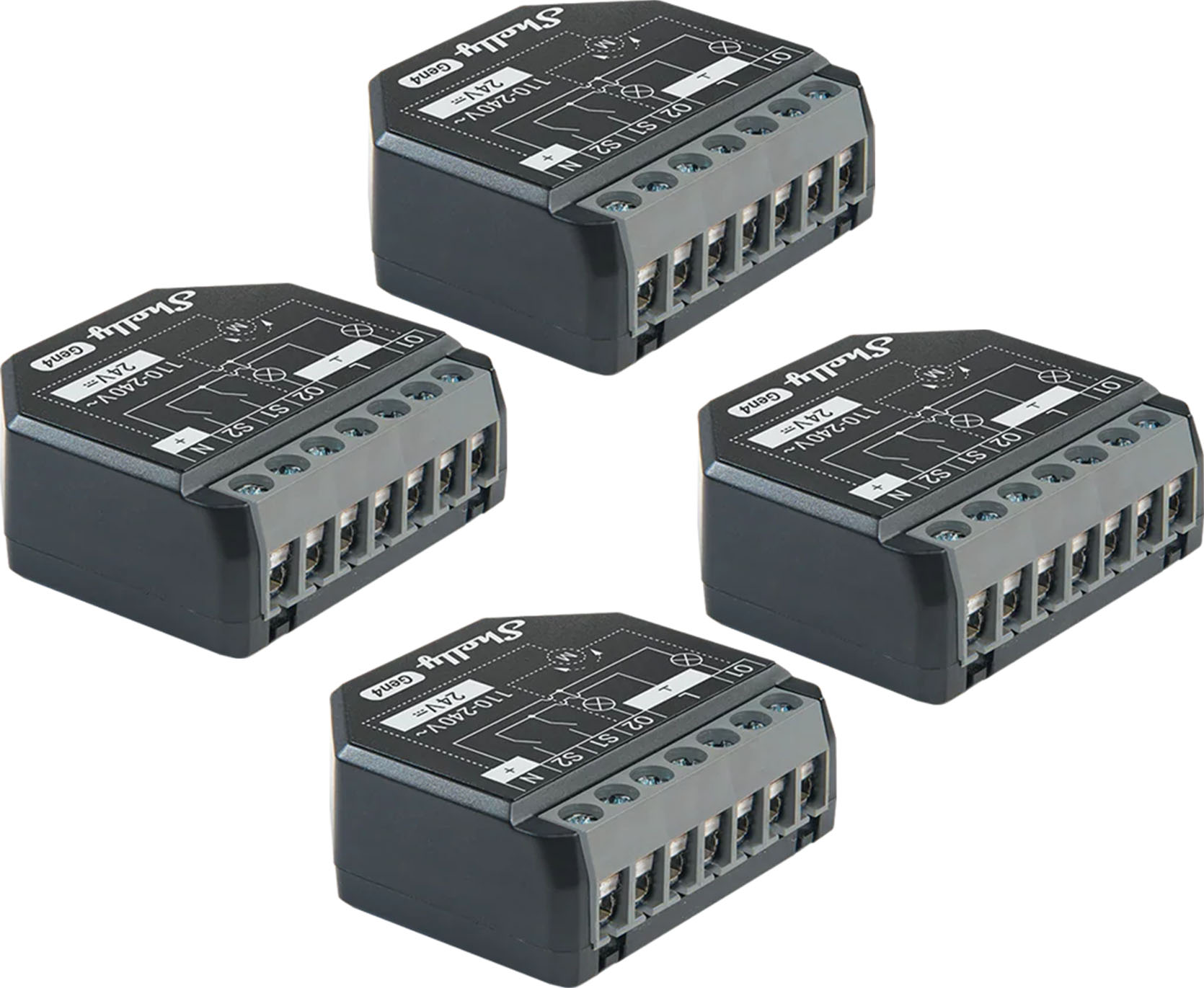 Rinkinys iš 4 Shelly 2PM Gen4 Zigbee/Matter valdiklių