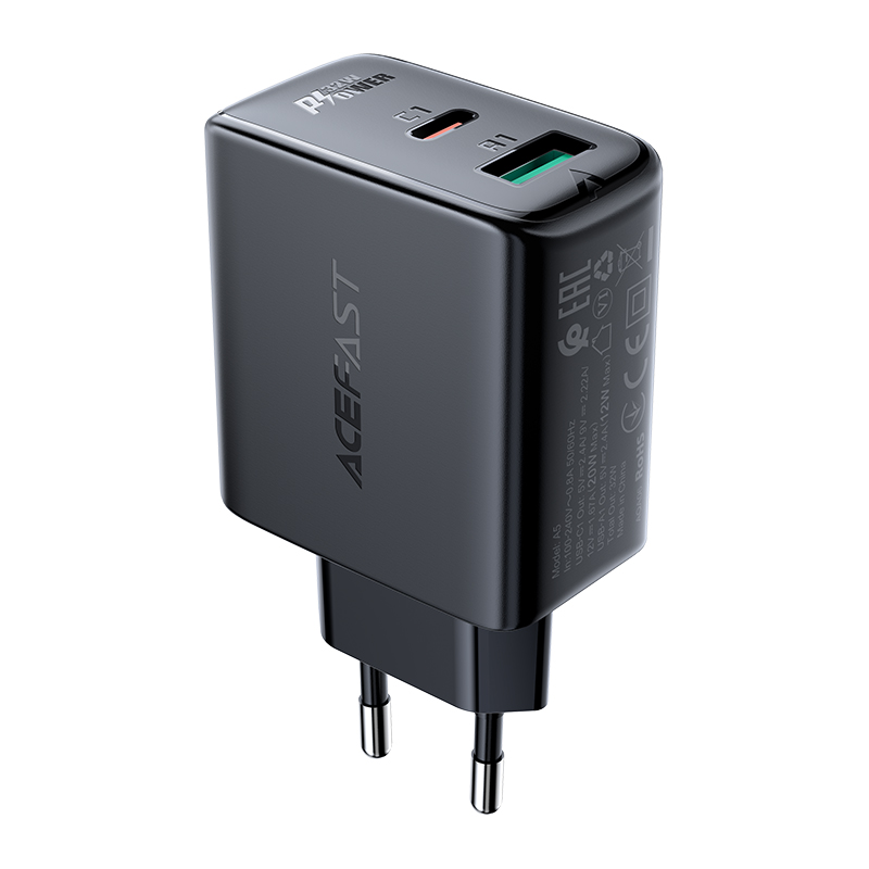 Acefast sieninis įkroviklis USB Type C / USB 32W, PPS, PD, QC 3.0, AFC, FCP juodas (A5 juodas)