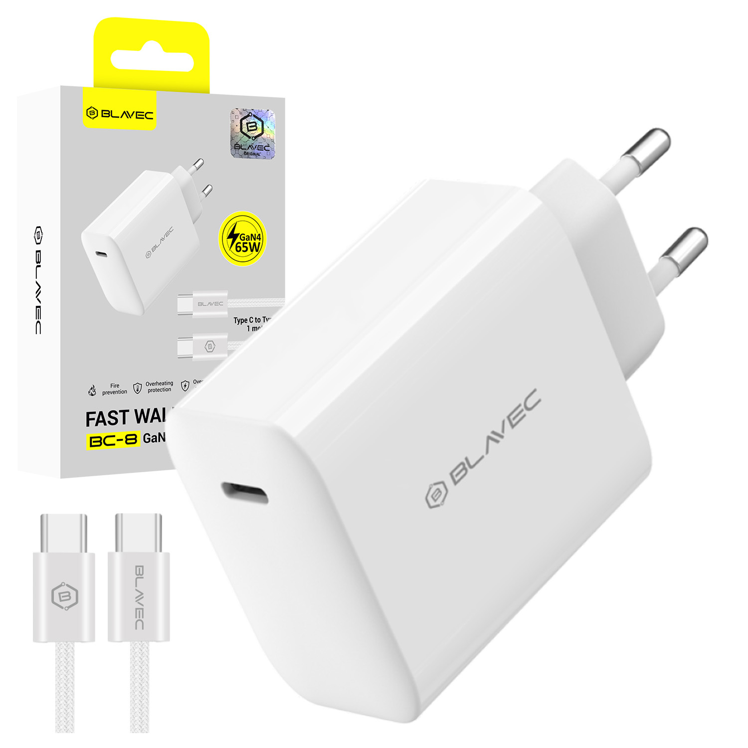 Blavec sieninis įkroviklis BC-8 GaN4 - Type C - PD QC 65W 3A su Type C į Type C laidu (TCBC8G4-CW653A+CC) baltas