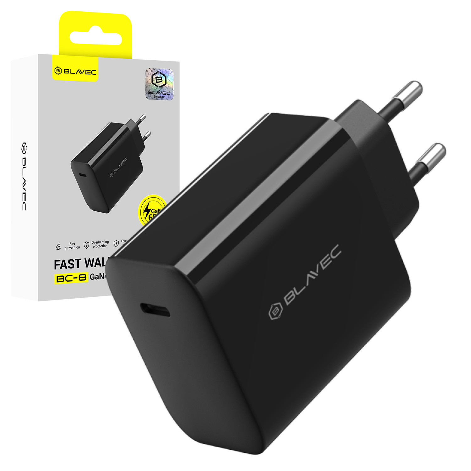 Blavec sieninis įkroviklis BC-8 GaN4 - Type C - PD QC 65W 3A (TCBC8G4-CB653A) juodas