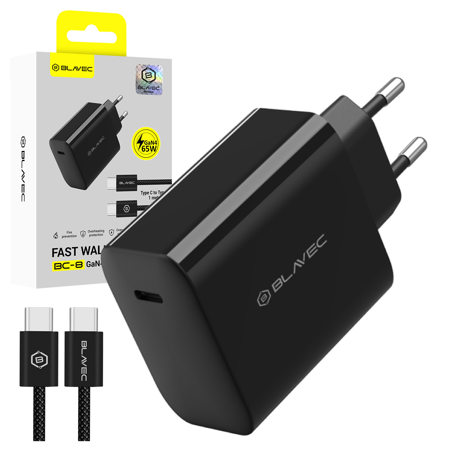 Blavec sieninis įkroviklis BC-8 GaN4 - Type C - PD QC 65W 3A su Type C to Type C laidu (TCBC8G4-CB653A+CC), juodas