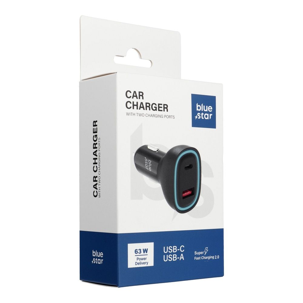 BLUE STAR automobilinis įkroviklis 3A 63W Type C + USB A PD QC3.0 AFC PPS SFC2.0 juodas