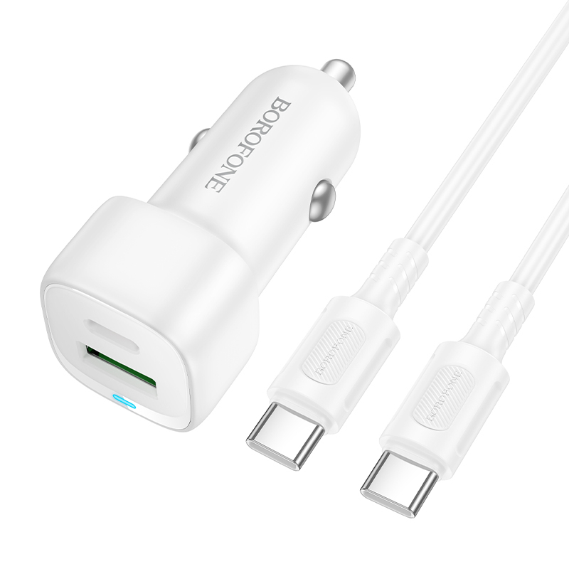 Borofone BZ34B Cloud USB + Type-C QC3.0 PD 38W automobilinis įkroviklis su Type-C į Type-C laidu, baltas