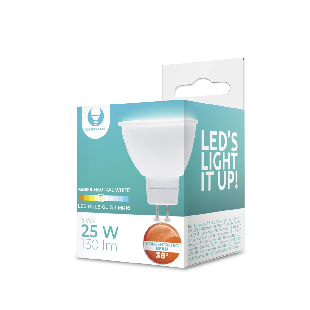 Forever Light LED Bulb GU5.3 MR16 3W 12V 4500K 130lm 38 deg