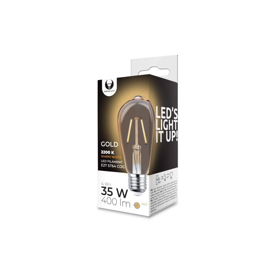 Forever Light LED Filament Bulb E27 ST64 4W 230V 2200K 400lm COG Gold