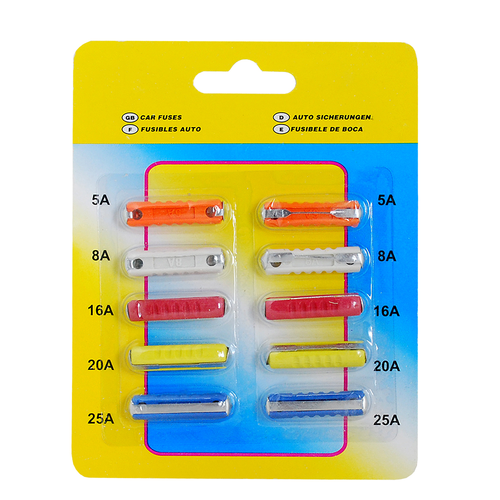 Cilindriniai automobilių saugikliai 5A, 8A, 16A, 2A, 25A, 10 vnt.