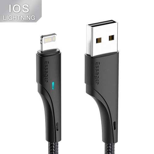 USB laidas Essager Rous juodas Lightning 100cm su LED indikatoriumi