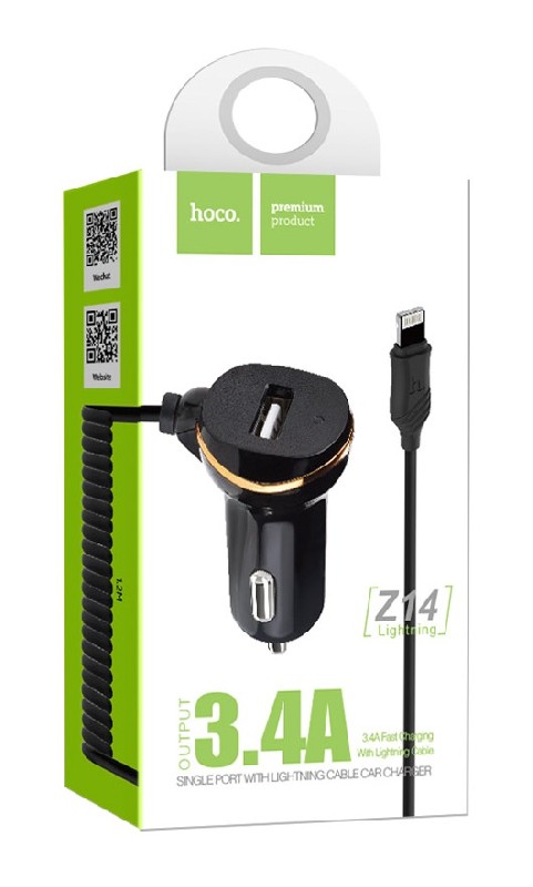 Automobilinis įkroviklis Hoco Z14 USB + lightning (5V 3.1A) juodas