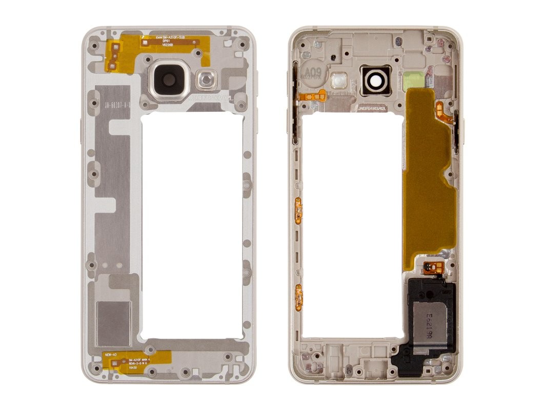 Средняя рамка Samsung A310 A3 2016 золотой с вибромотором и боковыми кнопками Оригинал (б/у Grade B)