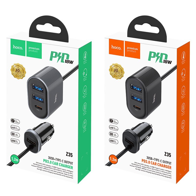 Automobilinis įkroviklis Hoco Z35 Quick Charge 18W (2xUSB 1xType-C 3A) juodas