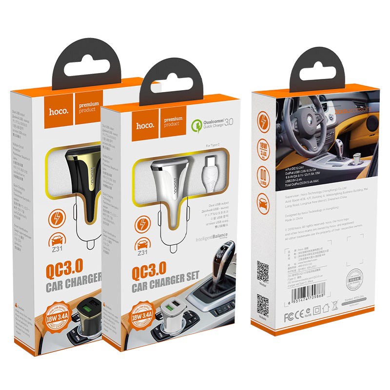 Automobilinis įkroviklis Hoco Z31 USB + lightning QuickCharge (3.0A) juodas