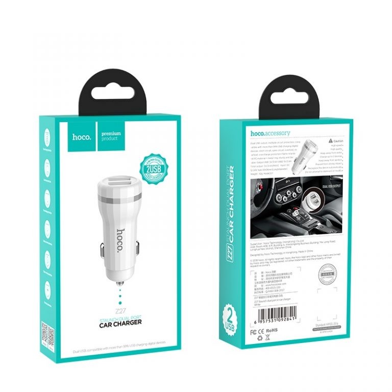 Automobilinis įkroviklis Hoco Z27 USB + lightning (5V 2.4A) baltas