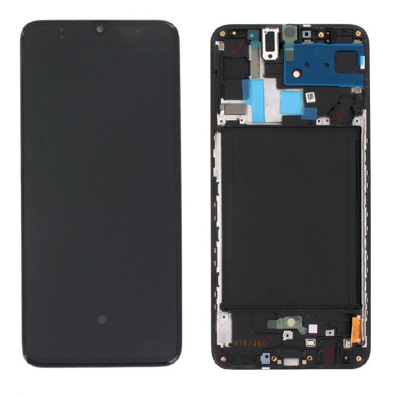 LCD ekranas Samsung A705 A70 2019 su jutikliniu ekranu ir rėmu juodas OLED (tikras dydis)