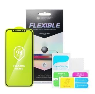 Apsauginis ekrano stiklas Bestsuit Flexible Hybrid Glass 5D, skirtas Samsung A725 A72 4G/A726 A72 5G/A736 A73 5G, suderinamas su dėklu, juodas