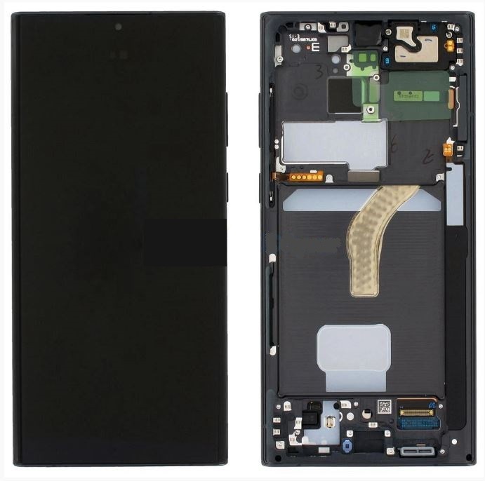 LCD ekranas Samsung S908 S22 Ultra su lietimo ekranu ir rėmeliu Graphite/Sky Blue/Red originalus (paslaugų paketas)