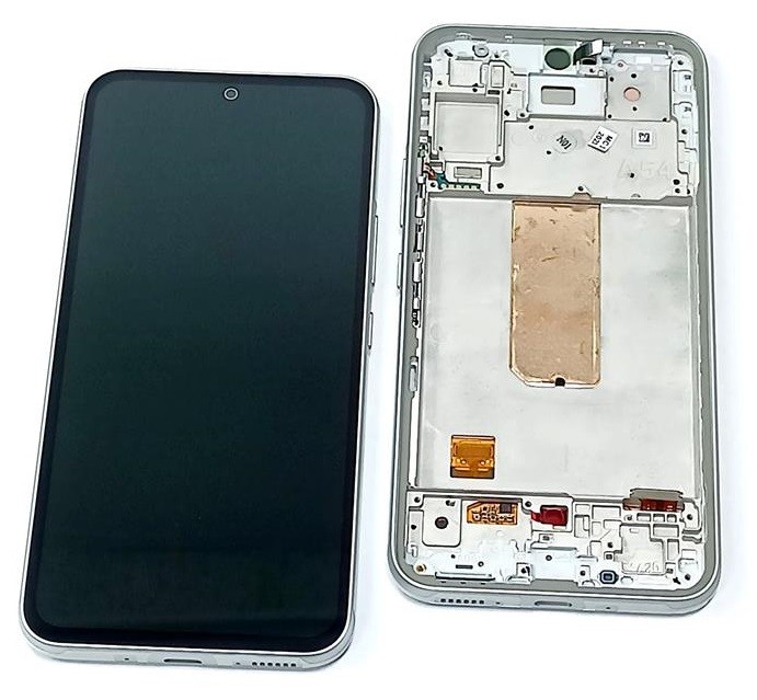 LCD ekranas Samsung A546 A54 5G 2023 su jutikliniu ekranu ir rėmu baltas originalus (service pack)