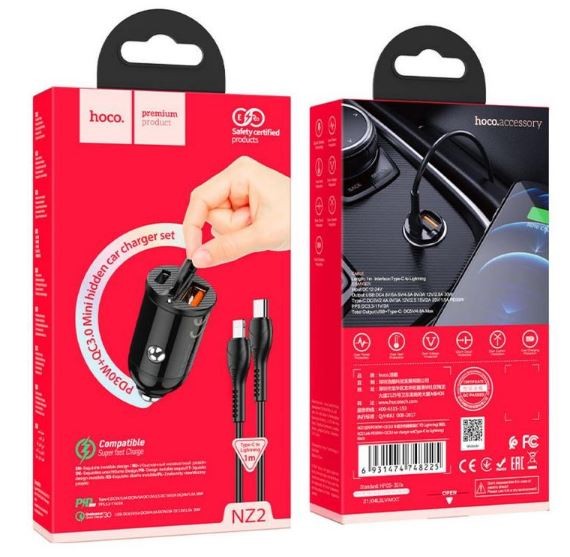Automobilinis įkroviklis Hoco NZ2 (1xUSB;1xUSB-C; 30W) + laidas USB-C(Type-C) į Lightning juodas