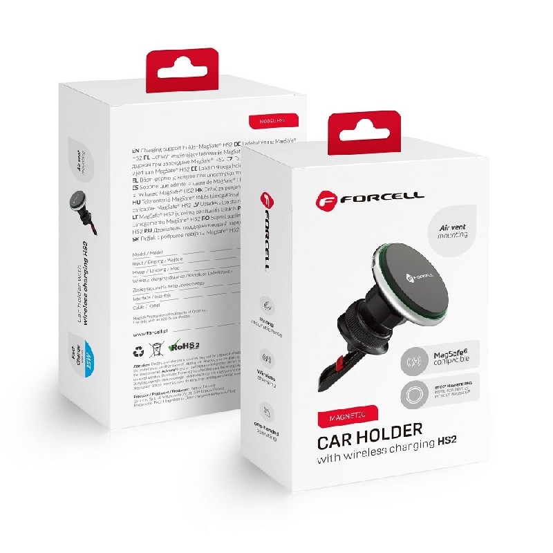 Belaidis automobilinis įkroviklis+laikiklis Forcell (HS2) (MagSafe 15W) ventiliacijos grotelėms juodas