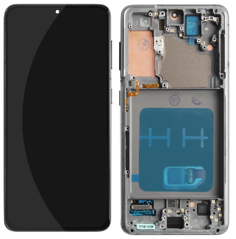 LCD ekranas Samsung G991 S21 su lietimo ekranu ir rėmeliu Phantom Black OLED (tikras dydis)