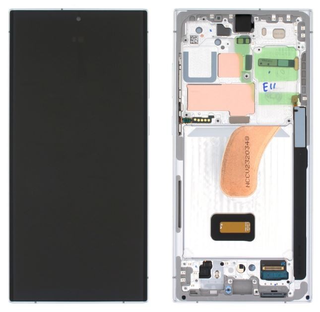 LCD ekranas Samsung S918 S23 Ultra 5G su lietimo ekranu ir rėmeliu Sky Blue/Lime originalus (surinktas service pack)