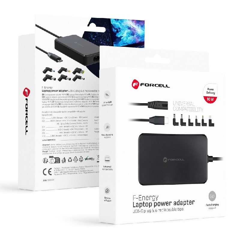 Universalus įkroviklis nešiojamiems kompiuteriams FORCELL F-ENERGY E856 90W (6 antgalių, tinka daugeliui kompiuterių) juodas