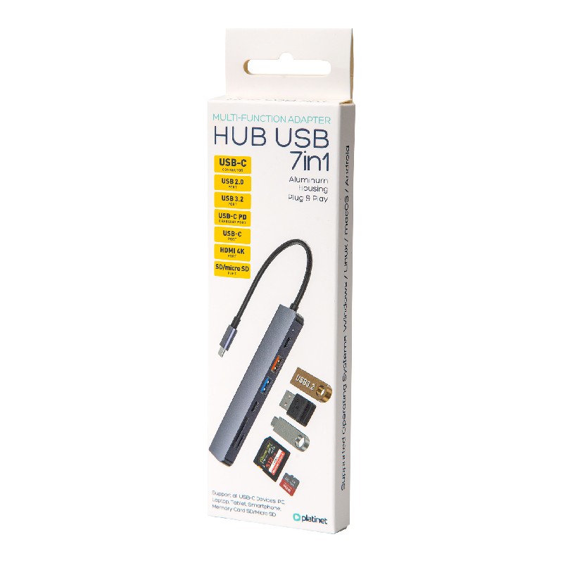 Platinet USB-C Hub 7in1 (PMH9997B) (1xHDMI 4K, 1xUSB-C, 2xUSB 3.2, SD, microSD)