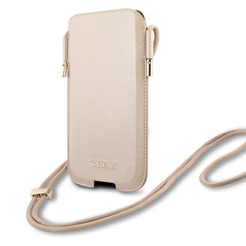 Guess Saffiano Pouch telefono rankinė, S / M dydžio, telefonams iki 6.1", aukso spalvos