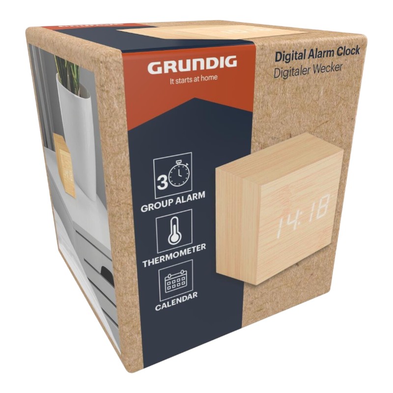 Grundig skaitmeninis LED žadintuvas su termometru ir kalendoriumi, šviesiai rudas